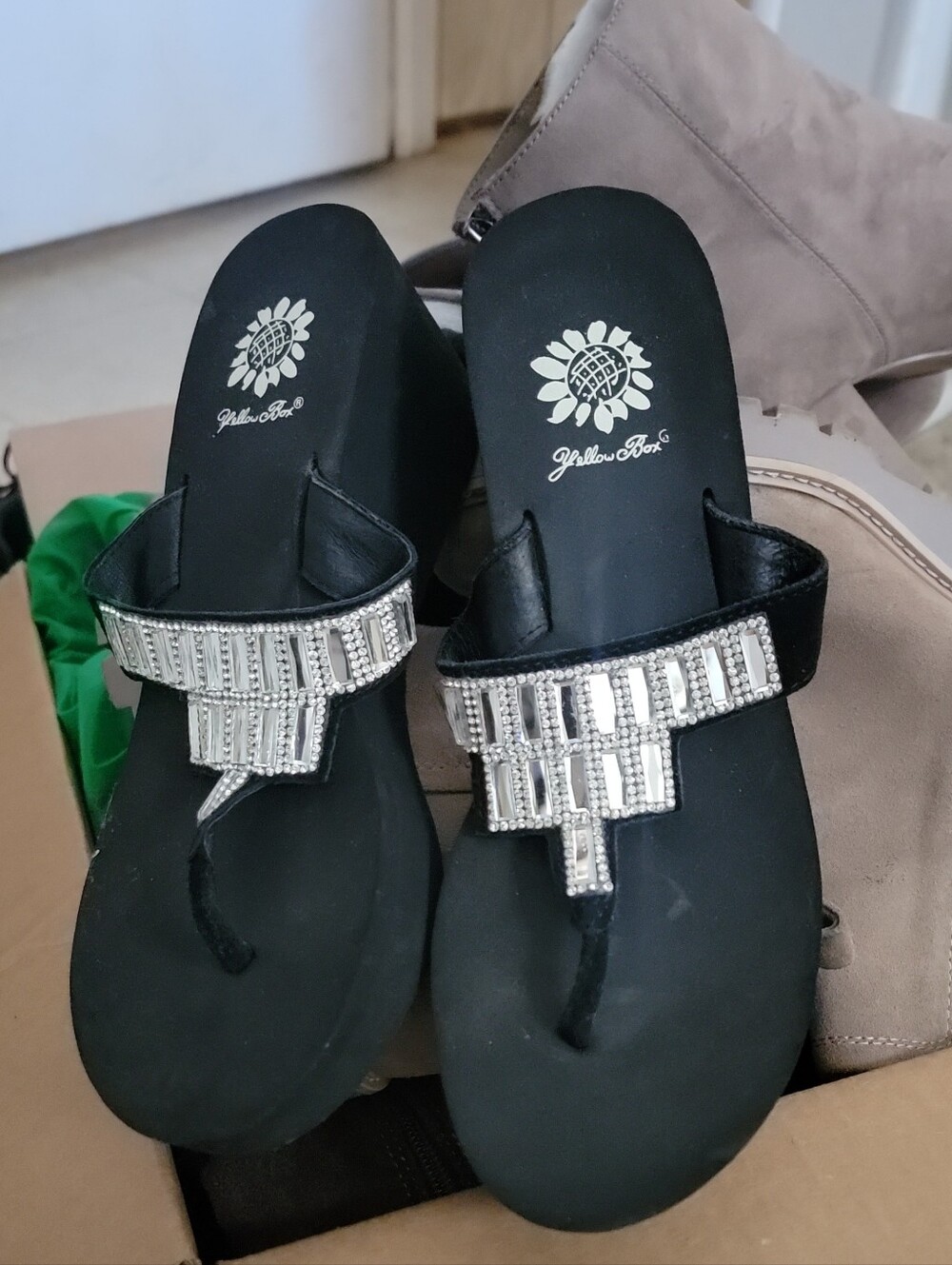 Yellow Box Black Jeweled T-Strap Sandals